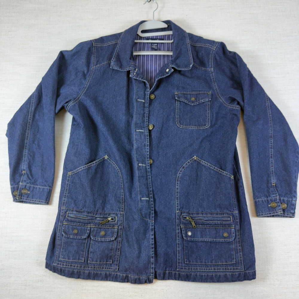 Denim & Co Blue Cotton Chore Jacket Pinstripe Lined Utility Coat XL
